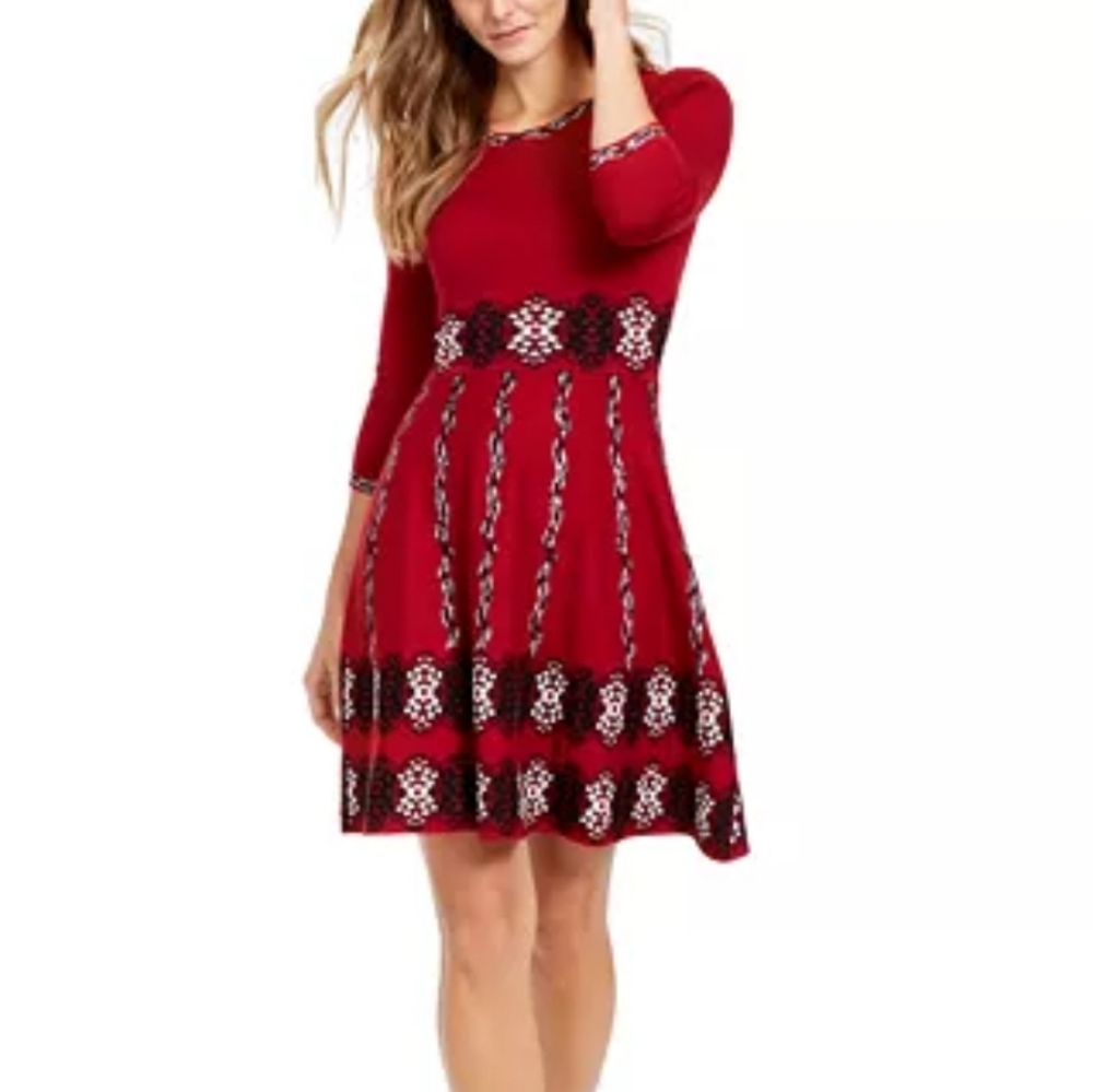 Taylor Lace Printed Sweater Dress Red NWT